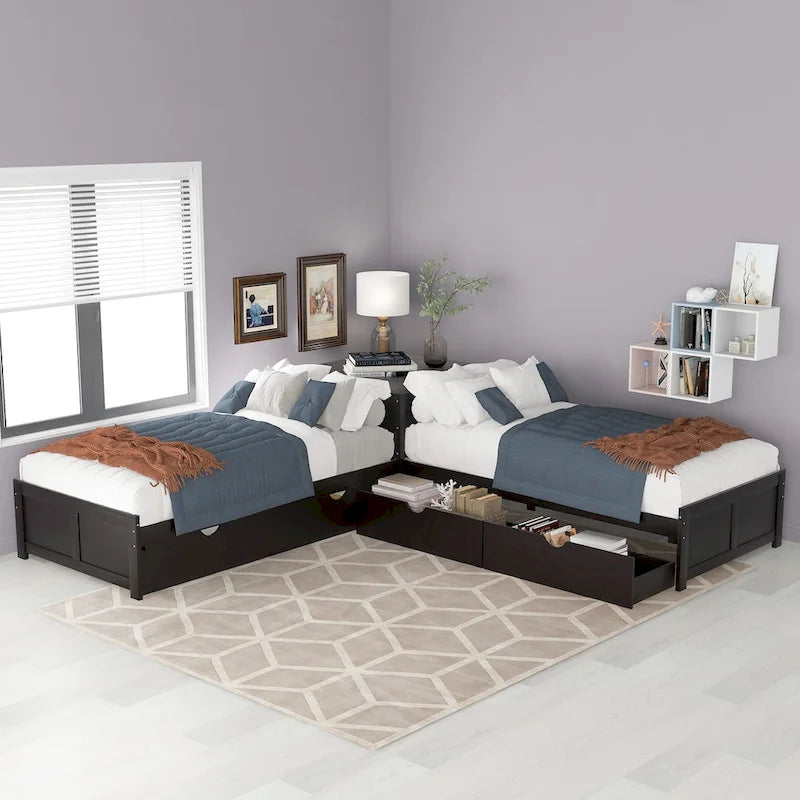 L-shaped Platform Bed with Trundle and Drawers Linked with built-in Desk