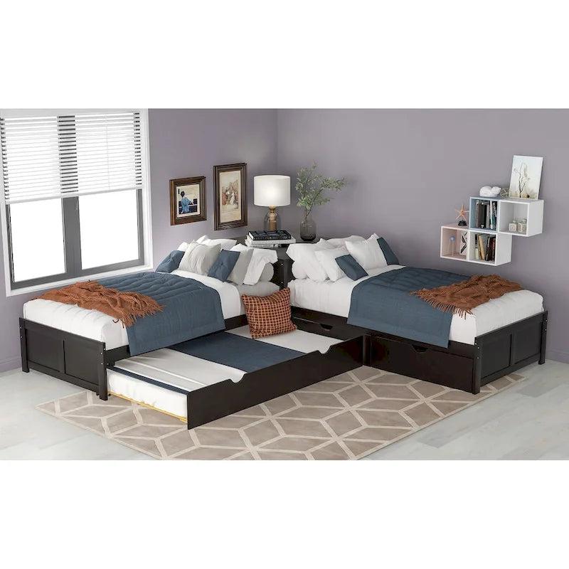 L-shaped Platform Bed with Trundle and Drawers Linked with built-in Desk