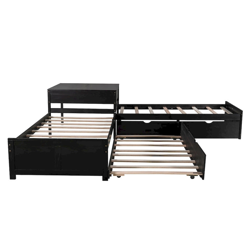 L-shaped Platform Bed with Trundle and Drawers Linked with built-in Desk