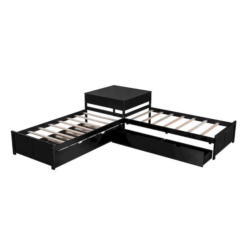 L-shaped Platform Bed with Trundle and Drawers Linked with built-in Desk