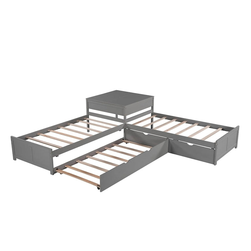 L-shaped Platform Bed with Trundle and Drawers Linked with built-in Desk