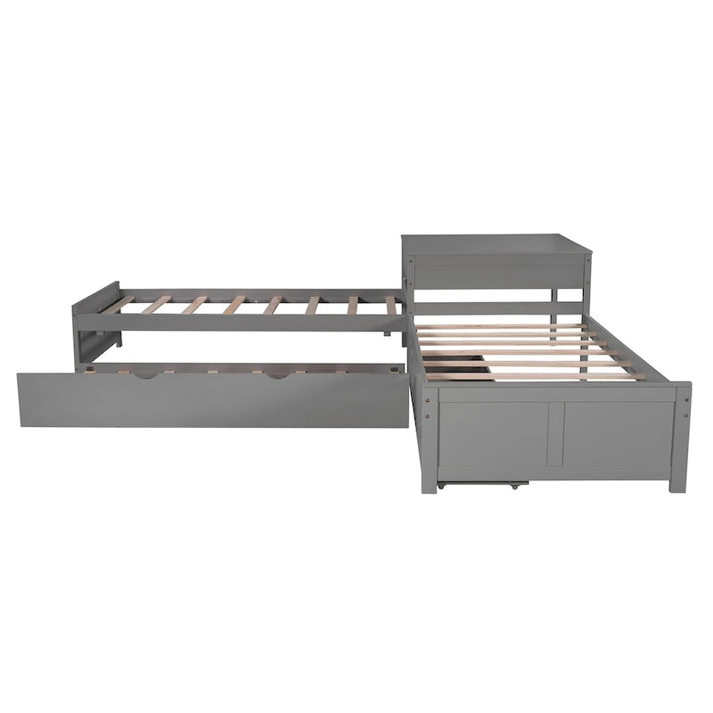 L-shaped Platform Bed with Trundle and Drawers Linked with built-in Desk