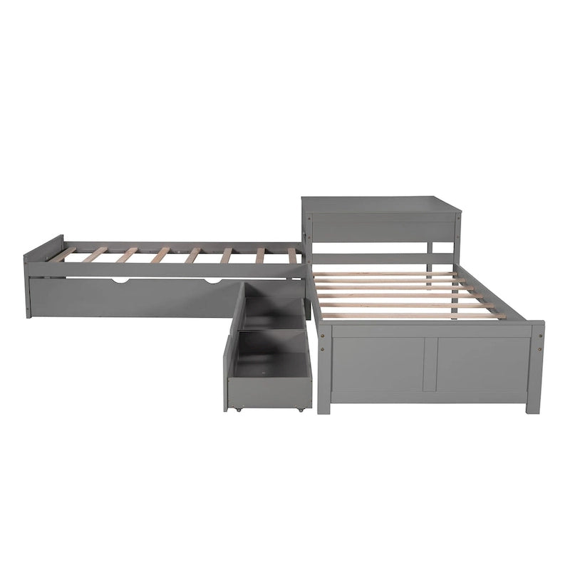 L-shaped Platform Bed with Trundle and Drawers Linked with built-in Desk