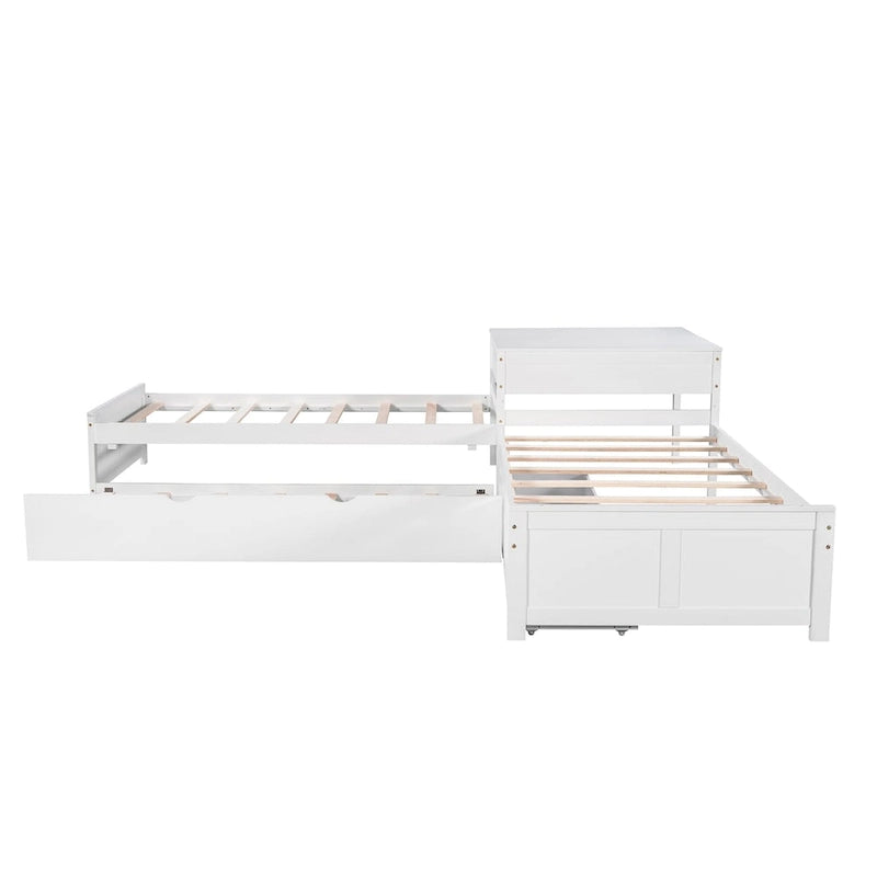 L-shaped Platform Bed with Trundle and Drawers Linked with built-in Desk