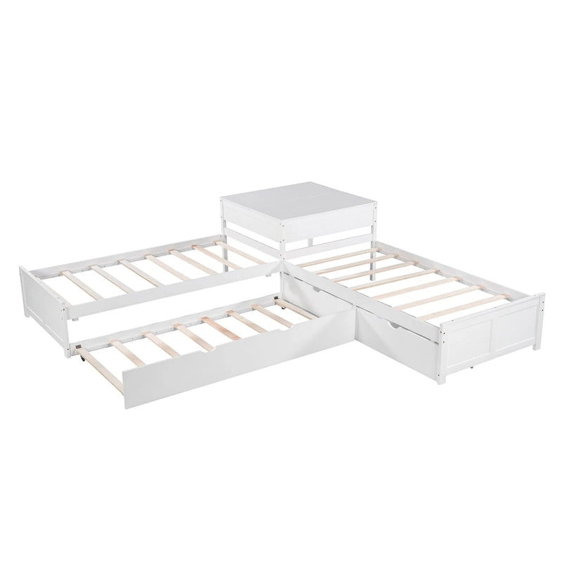 L-shaped Platform Bed with Trundle and Drawers Linked with built-in Desk