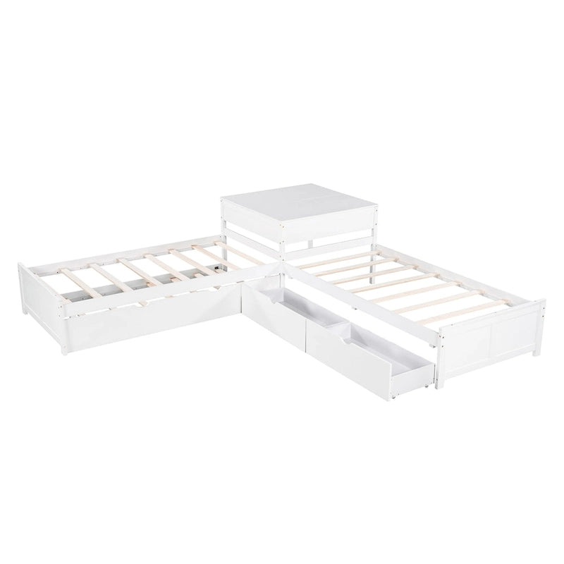 L-shaped Platform Bed with Trundle and Drawers Linked with built-in Desk