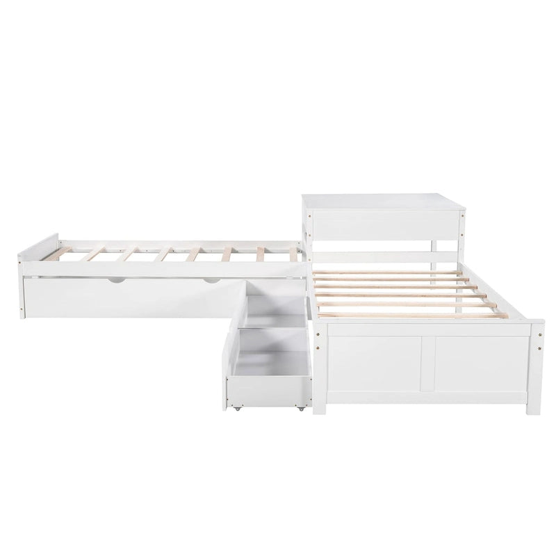 L-shaped Platform Bed with Trundle and Drawers Linked with built-in Desk