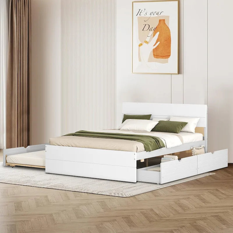 Modern Farmhouse Style Wooden Full Size Platform Bed Frame with Twin Size Trundle Bed