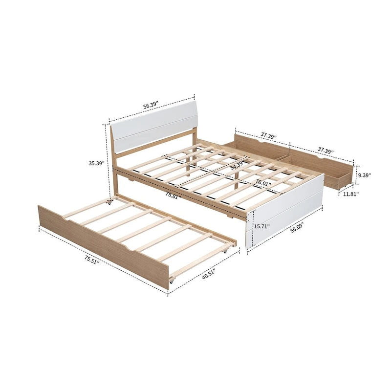 Modern Farmhouse Style Wooden Full Size Platform Bed Frame with Twin Size Trundle Bed