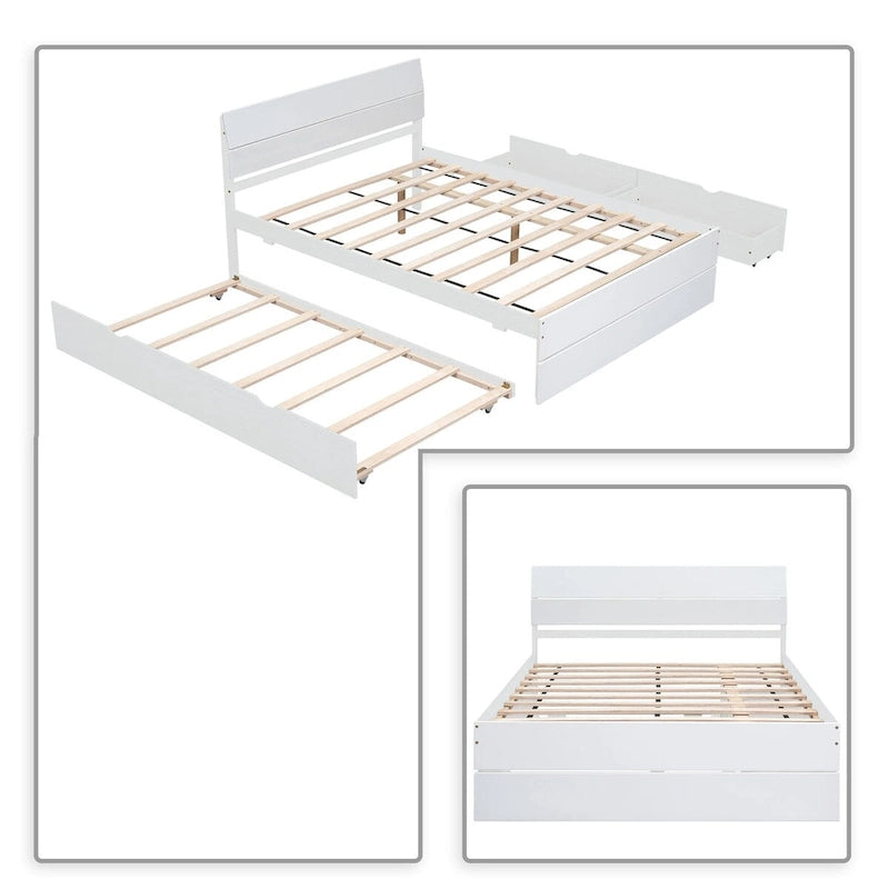 Modern Farmhouse Style Wooden Full Size Platform Bed Frame with Twin Size Trundle Bed