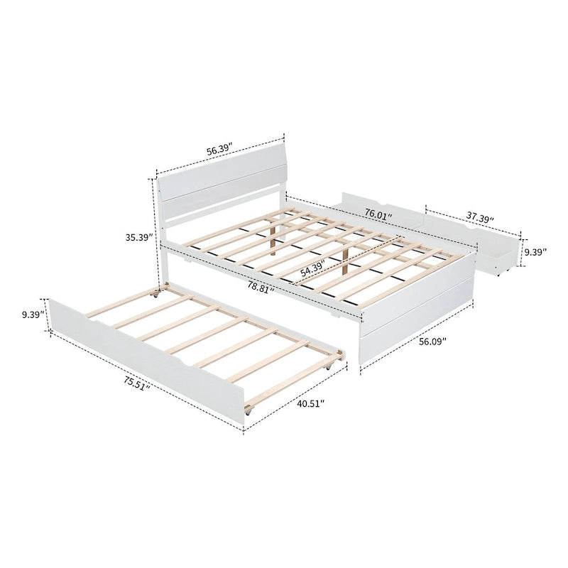 Modern Farmhouse Style Wooden Full Size Platform Bed Frame with Twin Size Trundle Bed