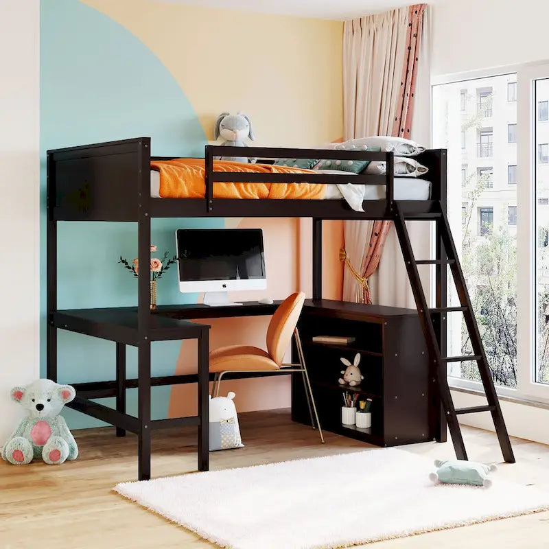 Full Size Loft Bed with Shelves and Desk, Wooden Full Loft Bed Frame with Desk