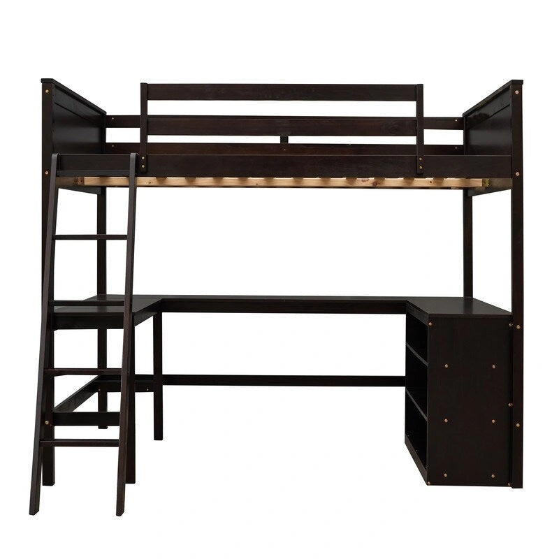 Full Size Loft Bed with Shelves and Desk, Wooden Full Loft Bed Frame with Desk