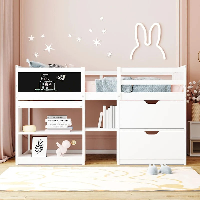 Nestfair Twin Size Low Loft Bed with Rolling Desk and Drawers