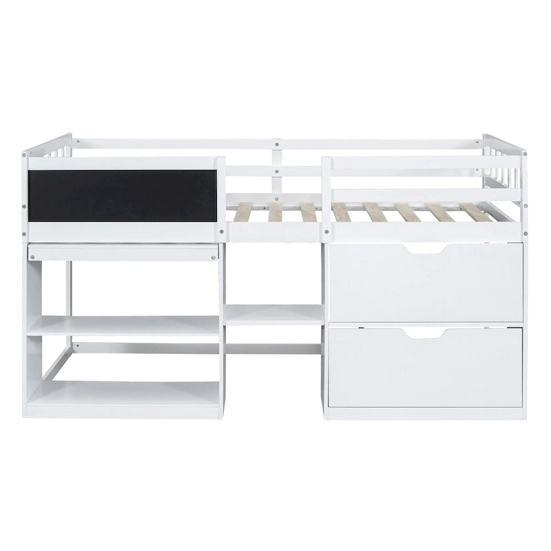 Twin Size Low Loft Bed with Rolling Desk and Drawers