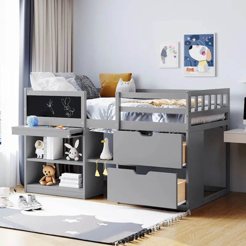 Twin Size Low Loft Bed with Rolling Desk and Drawers