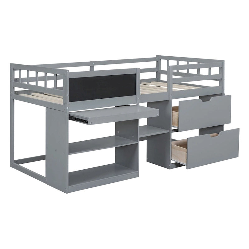 Twin Size Low Loft Bed with Rolling Desk and Drawers