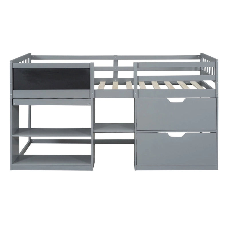 Twin Size Low Loft Bed with Rolling Desk and Drawers