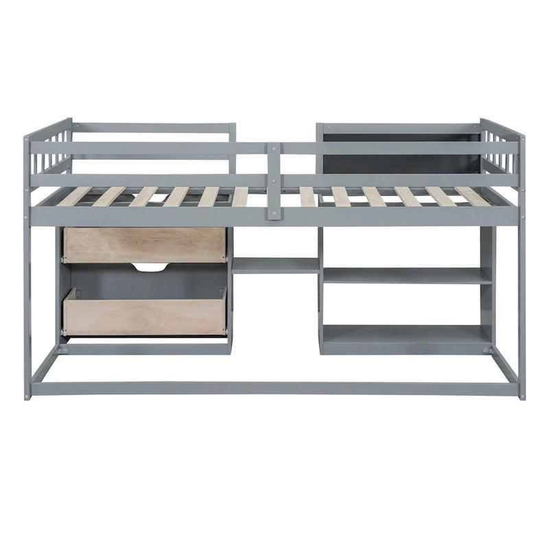 Twin Size Low Loft Bed with Rolling Desk and Drawers