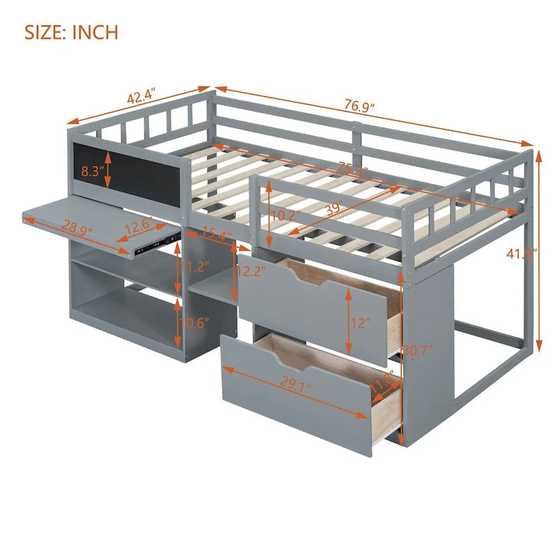 Twin Size Low Loft Bed with Rolling Desk and Drawers