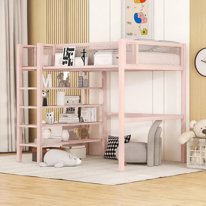 Twin Size Metal Loft Bed with 4-Tier Shelves and Storage, Twin Loft Bed Frame for Dorm, Boys & Girls, Teens
