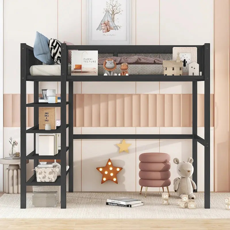 Twin Size Metal Loft Bed with 4-Tier Shelves and Storage, Twin Loft Bed Frame for Dorm, Boys & Girls, Teens