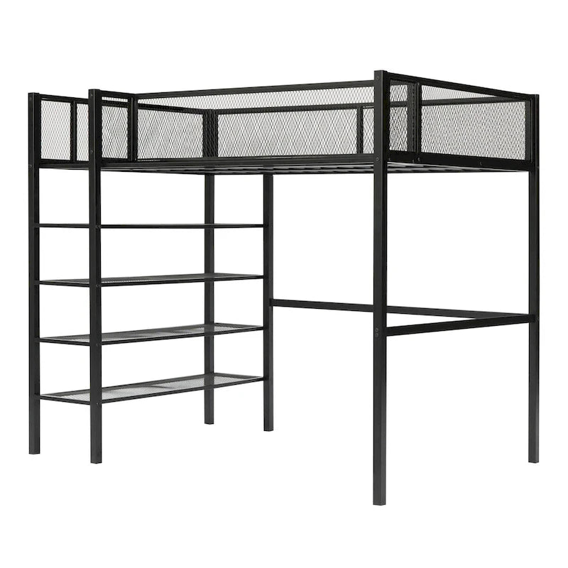 Twin Size Metal Loft Bed with 4-Tier Shelves and Storage, Twin Loft Bed Frame for Dorm, Boys & Girls, Teens
