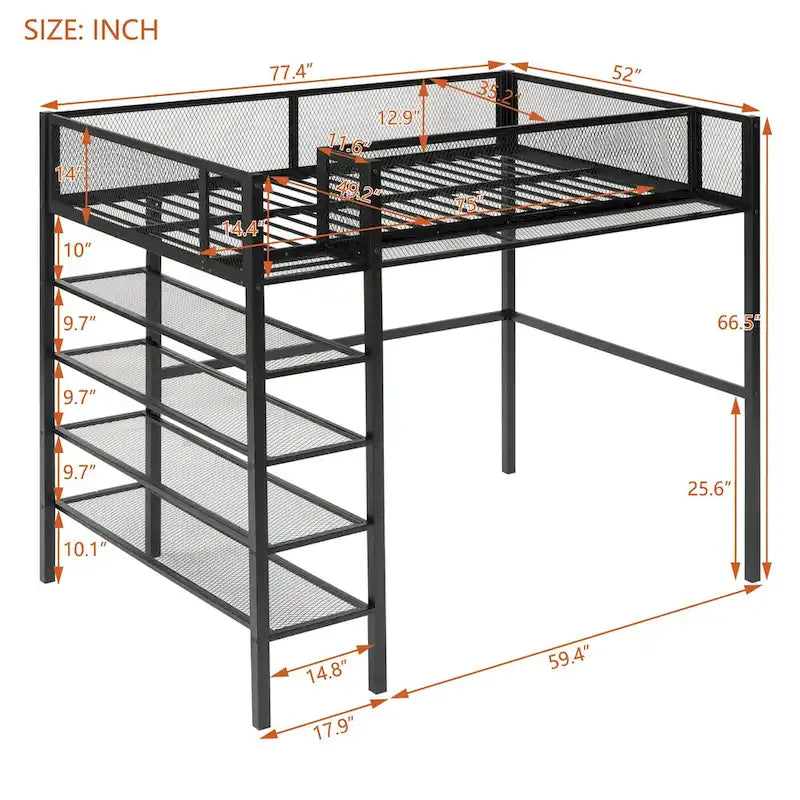 Twin Size Metal Loft Bed with 4-Tier Shelves and Storage, Twin Loft Bed Frame for Dorm, Boys & Girls, Teens