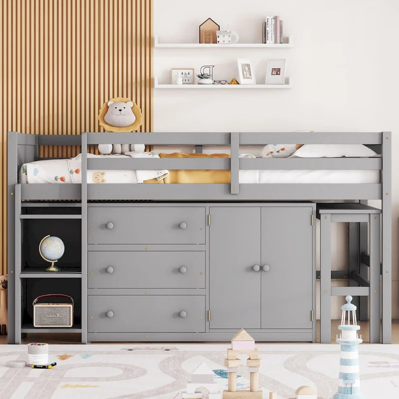Twin Size Low Loft Bed With Pull-Out Desk