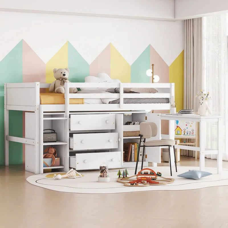 Twin Size Low Loft Bed With Pull-Out Desk