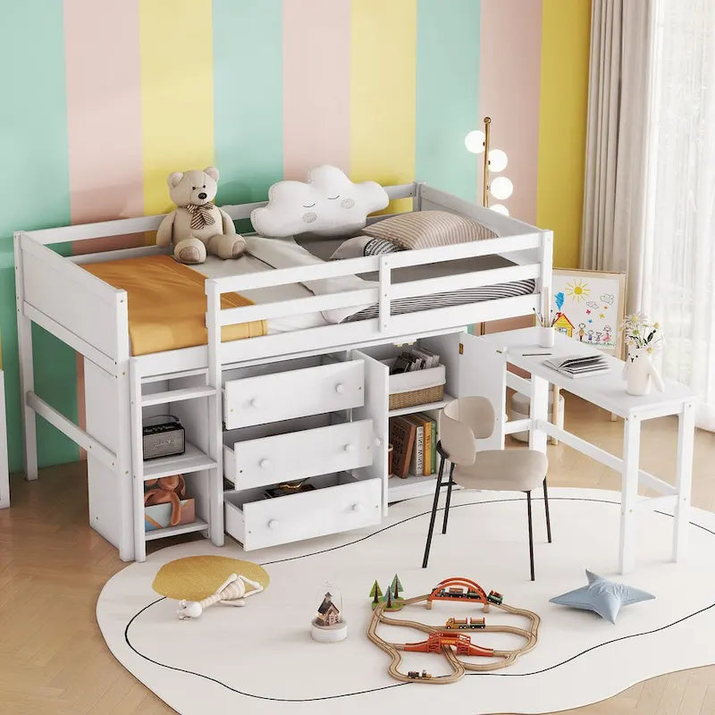 Twin Size Low Loft Bed With Pull-Out Desk