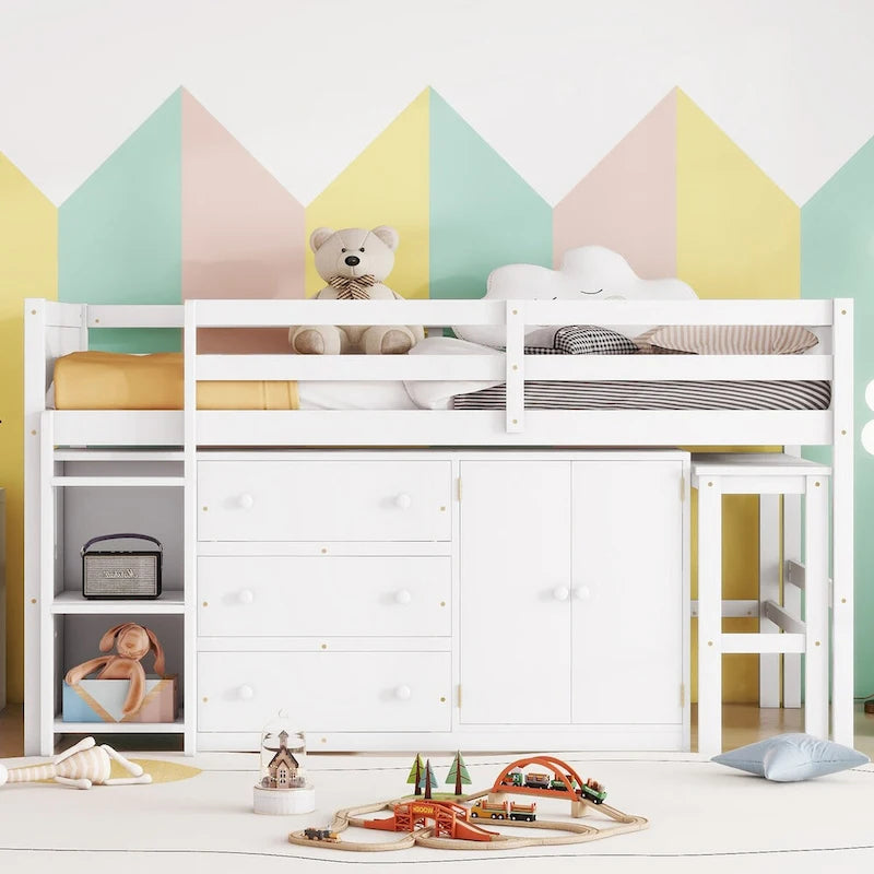 Twin Size Low Loft Bed With Pull-Out Desk