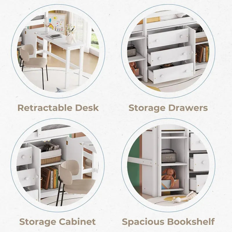 Twin Size Low Loft Bed With Pull-Out Desk