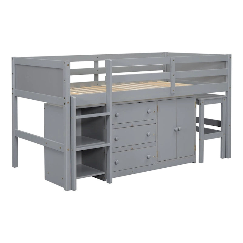 Twin Size Low Loft Bed With Pull-Out Desk