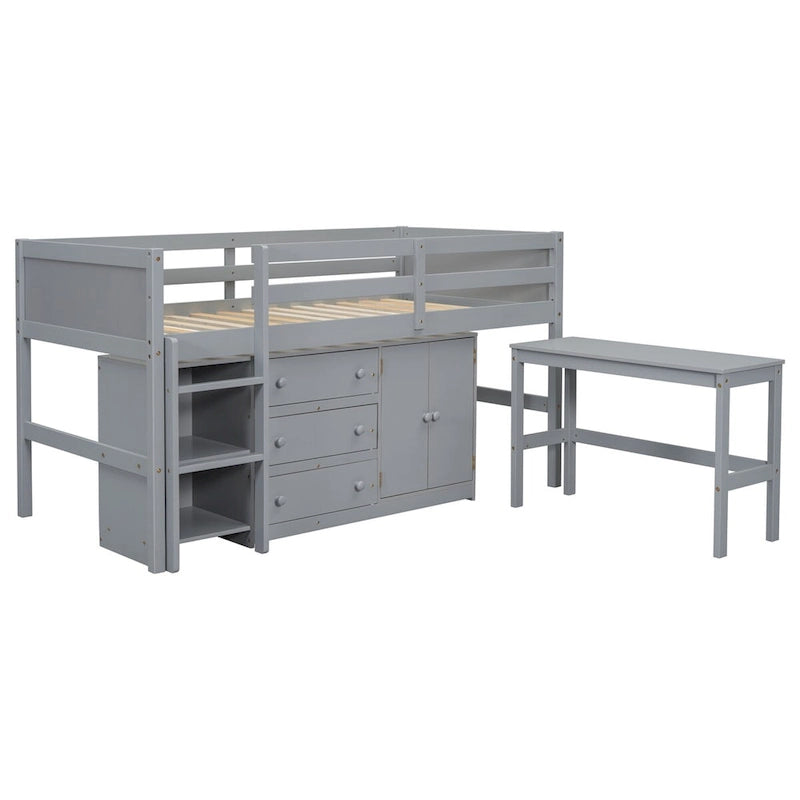 Twin Size Low Loft Bed With Pull-Out Desk