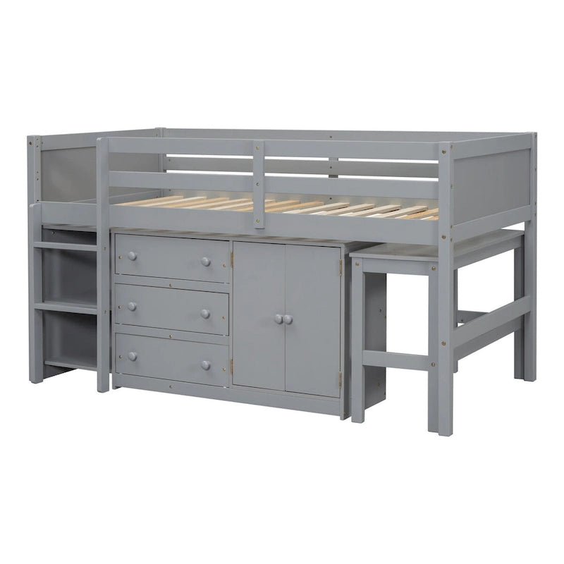 Twin Size Low Loft Bed With Pull-Out Desk