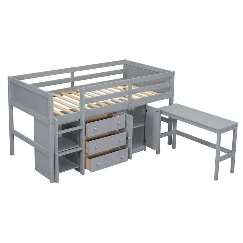 Twin Size Low Loft Bed With Pull-Out Desk