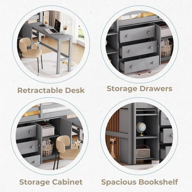 Twin Size Low Loft Bed With Pull-Out Desk