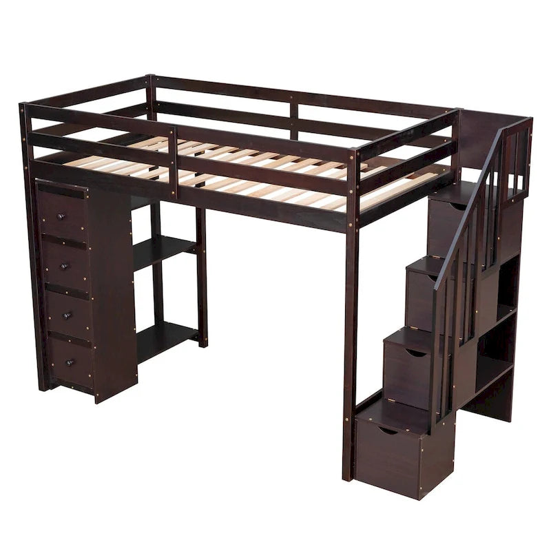 Twin Size Wooden Loft Bed with Storage Drawers and Stairs with Shelves