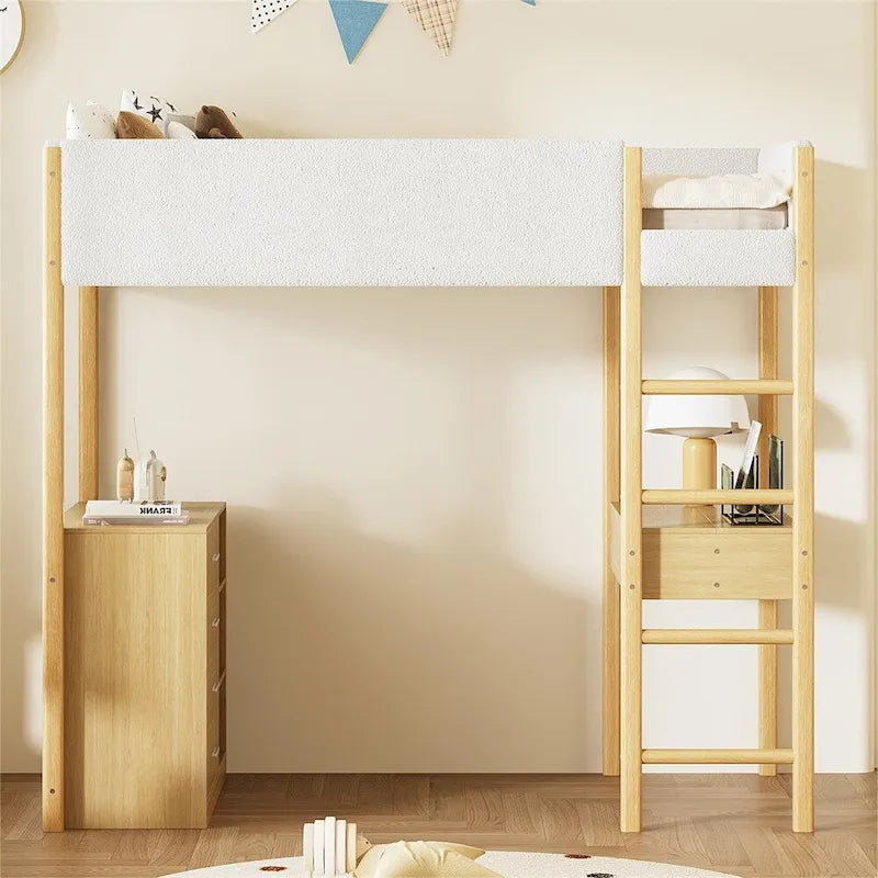 Twin Size Wood Loft Bed with Storage and Convertible Desk