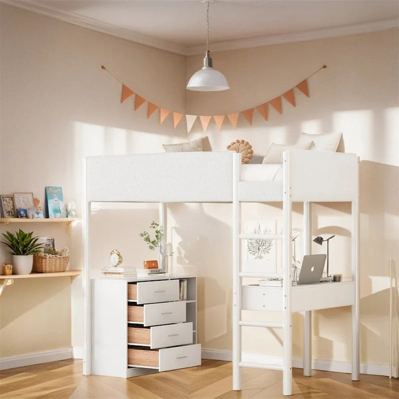 Twin Size Wood Loft Bed with Storage and Convertible Desk