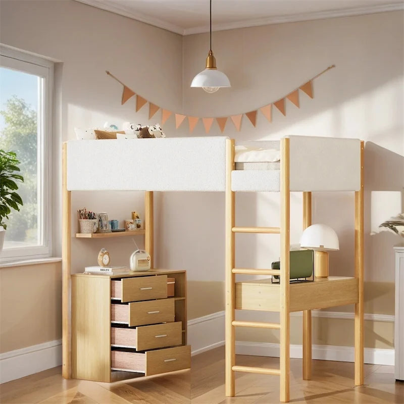 Twin Size Wood Loft Bed with Storage and Convertible Desk