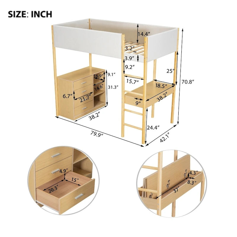 Twin Size Wood Loft Bed with Storage and Convertible Desk