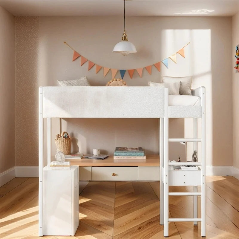 Twin Size Wood Loft Bed with Storage and Convertible Desk