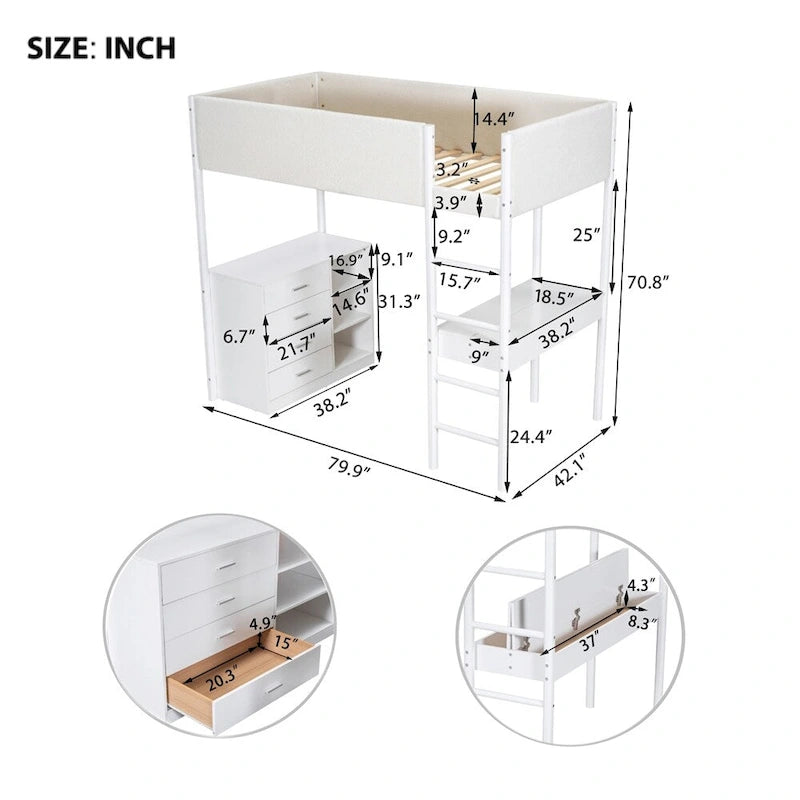 Twin Size Wood Loft Bed with Storage and Convertible Desk