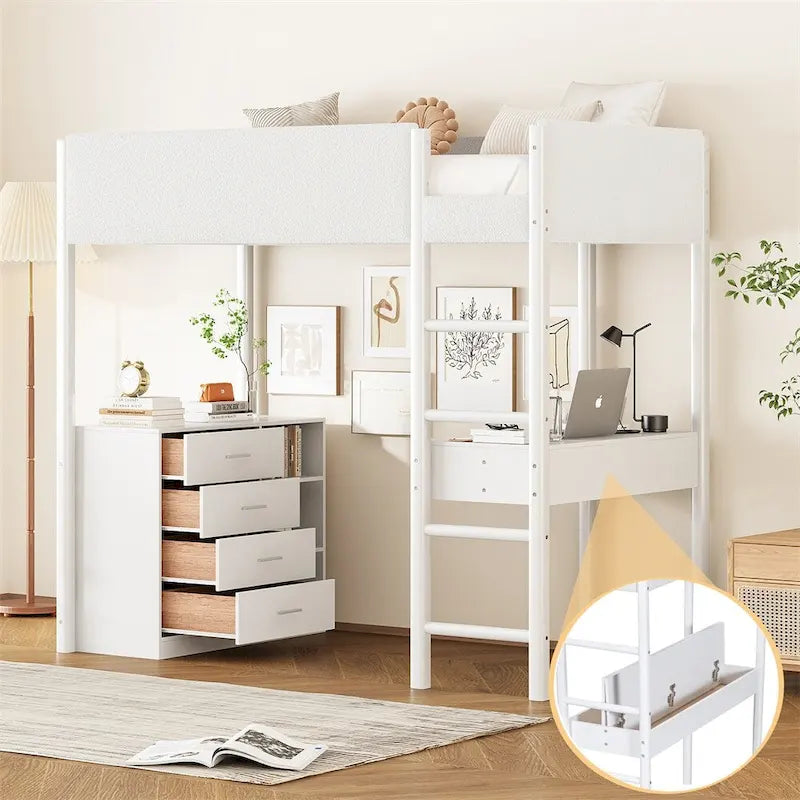 Twin Size Wood Loft Bed with Storage and Convertible Desk