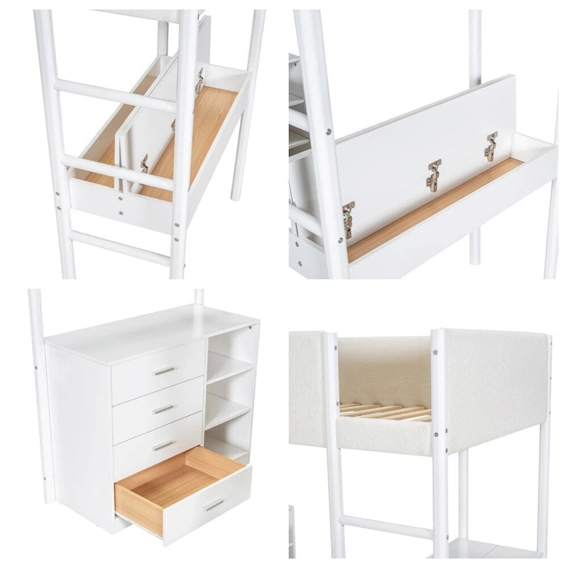 Twin Size Wood Loft Bed with Storage and Convertible Desk