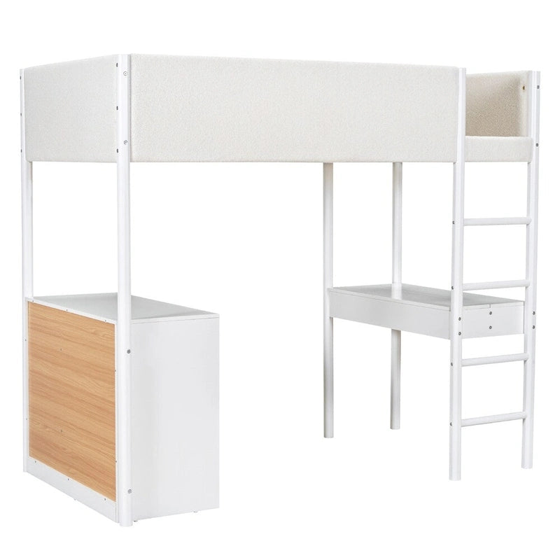 Twin Size Wood Loft Bed with Storage and Convertible Desk