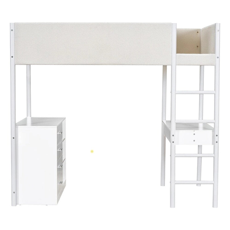 Twin Size Wood Loft Bed with Storage and Convertible Desk
