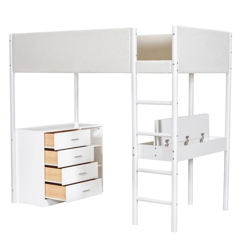 Twin Size Wood Loft Bed with Storage and Convertible Desk